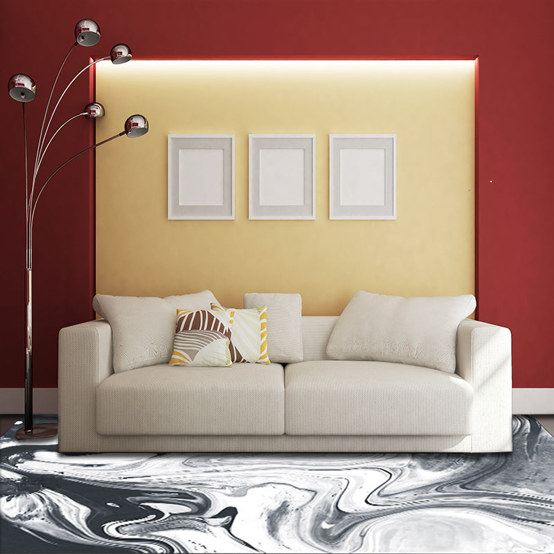 Modern Living Room Carpet in Black and White Abstract Oil Painting Pattern Carpet Polyester Washable Carpet