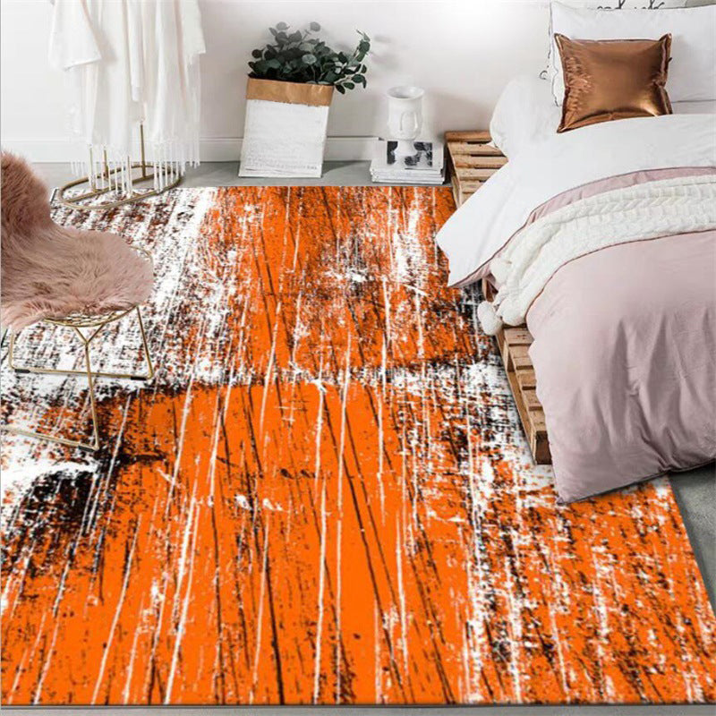 Scandinavian modern rug in orange abstract stripe pattern, polyester rug, washable for the living room