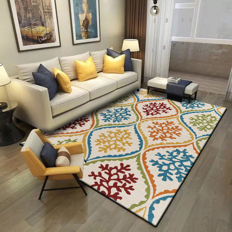 Persian Leaf Branch Pattern Rug in Ivory Moroccan Rug Polyester Non-Slip Back Rug for Bedroom