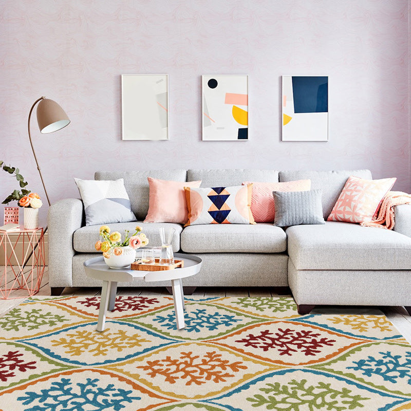 Persian Leaf Branch Pattern Rug in Ivory Moroccan Rug Polyester Non-Slip Back Rug for Bedroom
