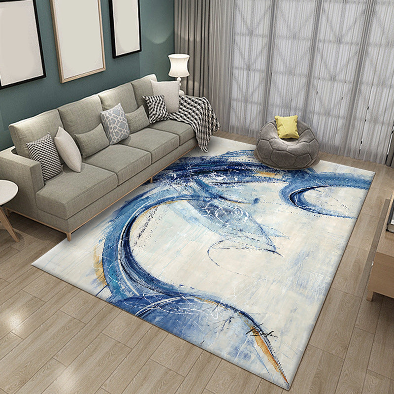 Blue and White Modern Carpet Polyester Abstract Carpet Non-Slip Back Washable Carpet for the Living Room