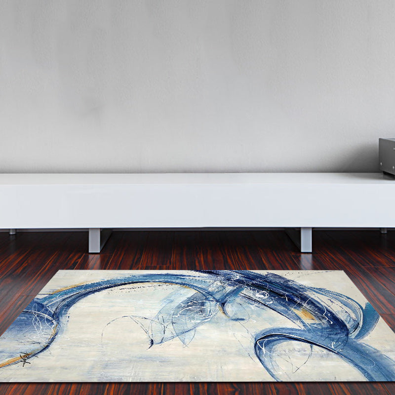 Blue and White Modern Carpet Polyester Abstract Carpet Non-Slip Back Washable Carpet for the Living Room