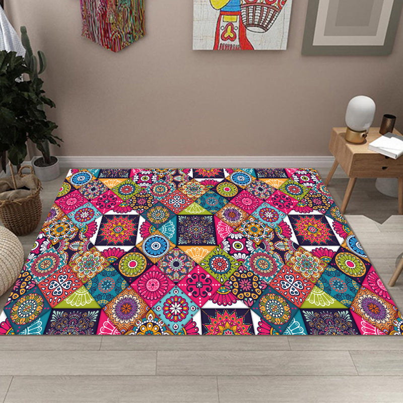 Multicolored Bedroom Rug Moroccan Diamond Flower Pattern Rug Polyester Non-Slip Back Rug