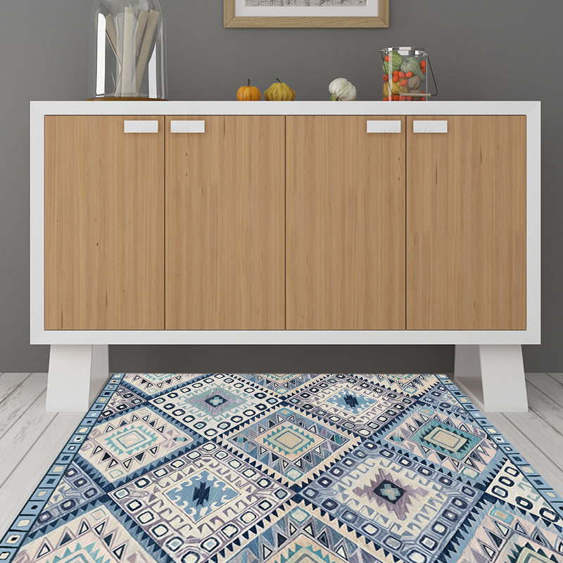 Persian Moroccan carpet in blue and white geometric triangle diamond print carpet polyester non-slip carpet for home decor