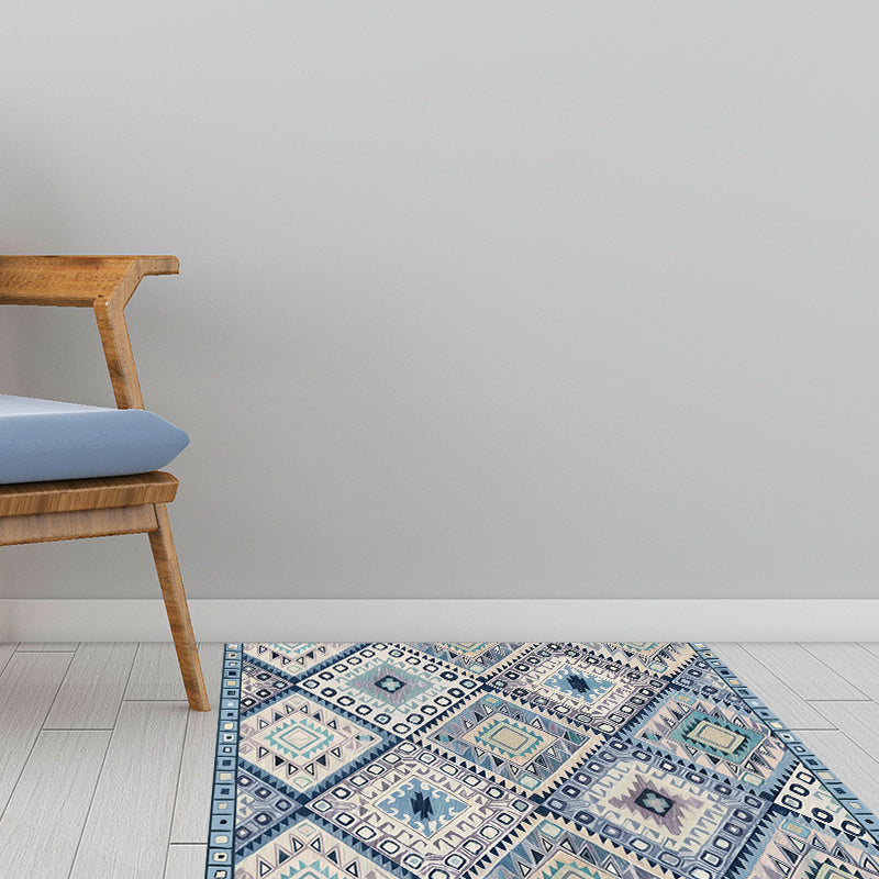 Persian Moroccan carpet in blue and white geometric triangle diamond print carpet polyester non-slip carpet for home decor