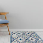 Persian Moroccan carpet in blue and white geometric triangle diamond print carpet polyester non-slip carpet for home decor