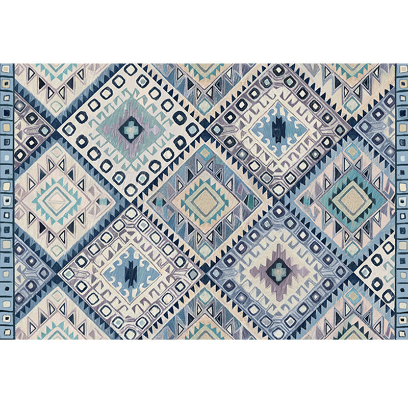 Persian Moroccan carpet in blue and white geometric triangle diamond print carpet polyester non-slip carpet for home decor