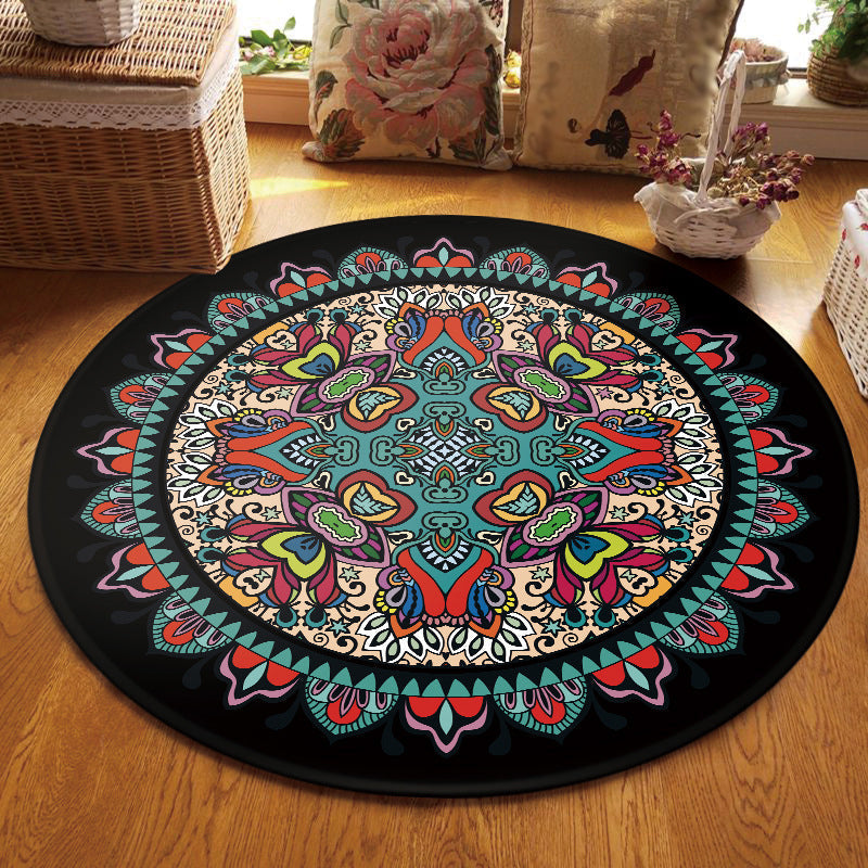Tribal Southwestern Carpet Blue and Black Polyester Rug Non-Slip Back Rug for Bedroom