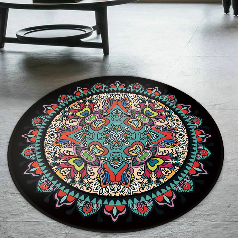 Tribal Southwestern Carpet Blue and Black Polyester Rug Non-Slip Back Rug for Bedroom