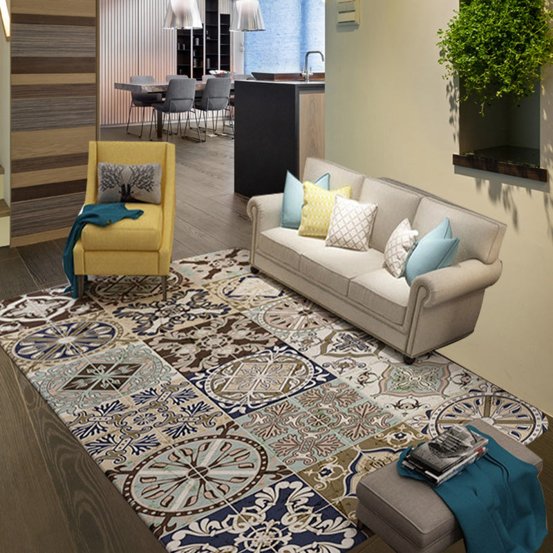 Brown Moroccan Carpet Polyester Floral Diamond Rectangular Pattern Area Rug for Home Decor