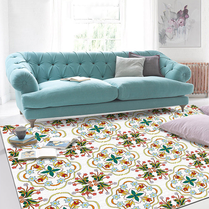 White Bedroom Rug Moroccan Geometric Flower Leaf Pattern Rug Polyester Non-Slip Rug