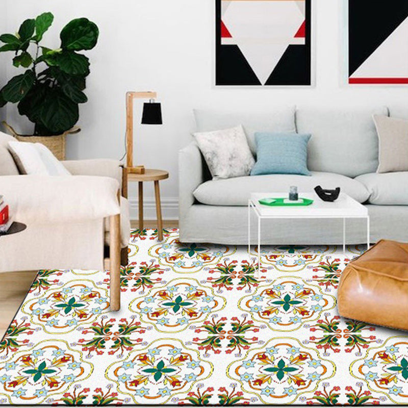 White Bedroom Rug Moroccan Geometric Flower Leaf Pattern Rug Polyester Non-Slip Rug