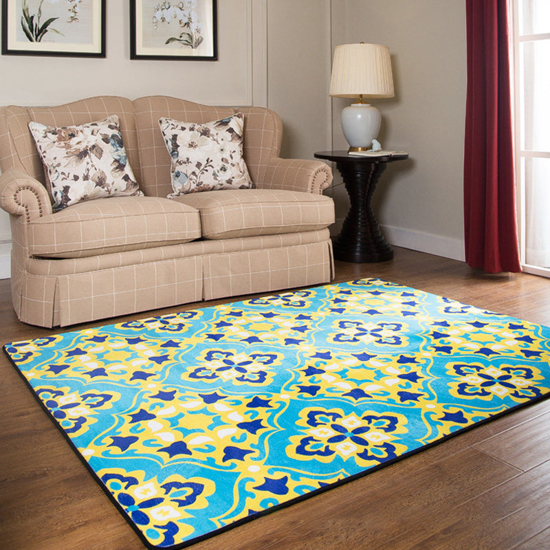 Moroccan Living Room Wallpaper in Blue Geometric Floral Design Carpet Polyester Non-Slip Area Rug
