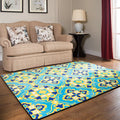 Moroccan Living Room Wallpaper in Blue Geometric Floral Design Carpet Polyester Non-Slip Area Rug