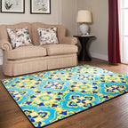 Moroccan Living Room Wallpaper in Blue Geometric Floral Design Carpet Polyester Non-Slip Area Rug