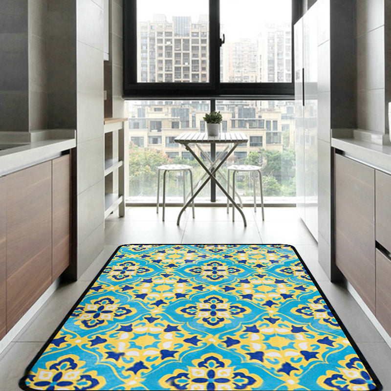 Moroccan Living Room Wallpaper in Blue Geometric Floral Design Carpet Polyester Non-Slip Area Rug