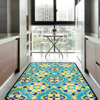 Moroccan Living Room Wallpaper in Blue Geometric Floral Design Carpet Polyester Non-Slip Area Rug