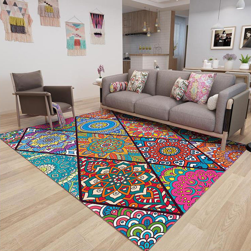 Colorful Bedroom Rug Moroccan Floral Diamond Dot Pattern Rug Polyester Machine Washable Non-Slip Backing Rug for Living Room