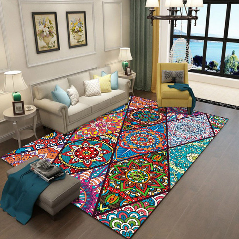 Colorful Bedroom Rug Moroccan Floral Diamond Dot Pattern Rug Polyester Machine Washable Non-Slip Backing Rug for Living Room