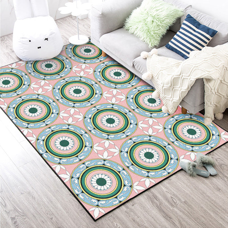 Moroccan Flower Circle Pattern Rug in Pink Polyester Floor Mat with Non-Slip Back Rug for Living Room