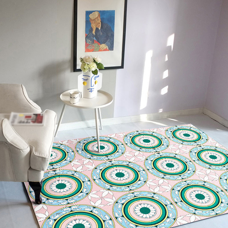 Moroccan Flower Circle Pattern Rug in Pink Polyester Floor Mat with Non-Slip Back Rug for Living Room