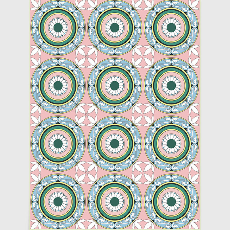 Moroccan Flower Circle Pattern Rug in Pink Polyester Floor Mat with Non-Slip Back Rug for Living Room