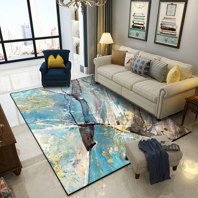 Casual modern rug in blue abstract marble print rug made of polyester washable for the living room