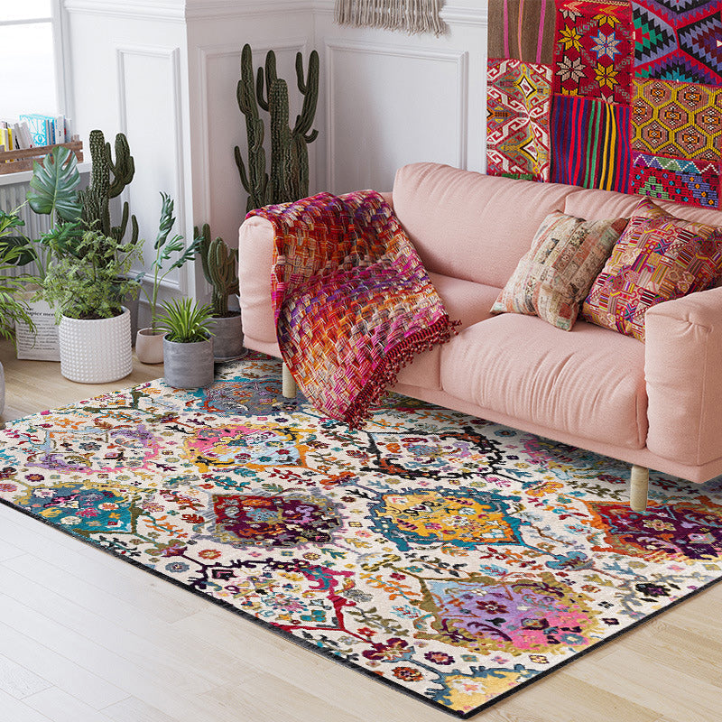 Moroccan living room rug in white petal pattern polyester non-slip doormat