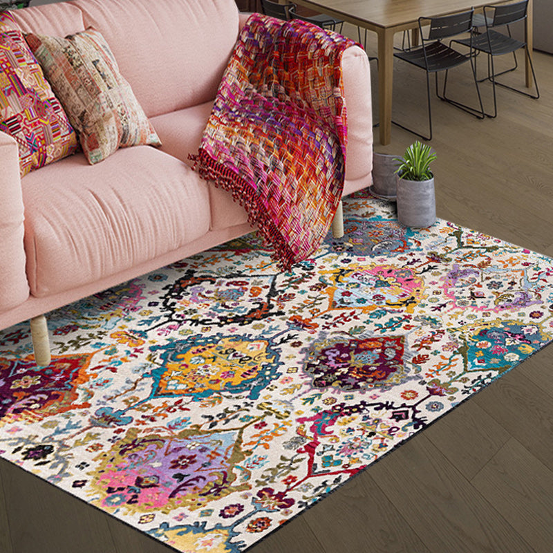 Moroccan living room rug in white petal pattern polyester non-slip doormat
