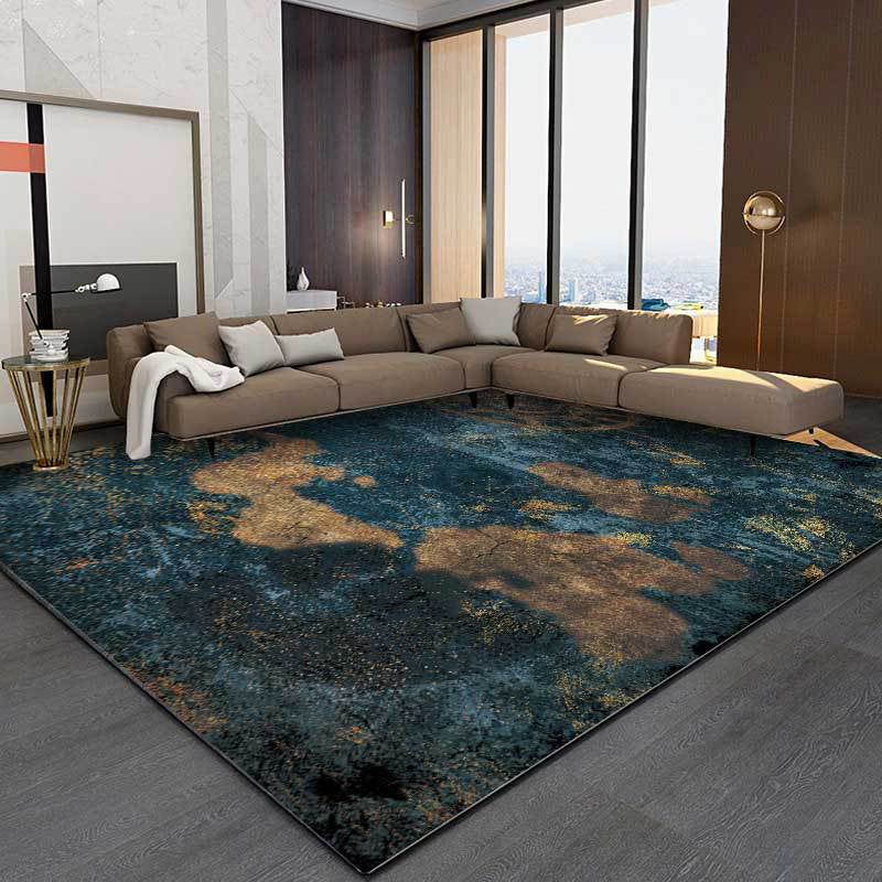 Blue Bedroom Carpet Modern Abstract Compass Map Pattern Area Rug Polyester Washable Rug