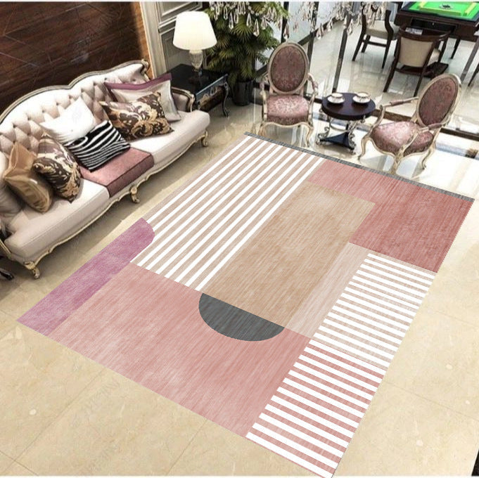 Pink and White Modern Rug Polyester Geometric Striped Color Block Rug Washable Soft Rectangular Rug for the Living Room