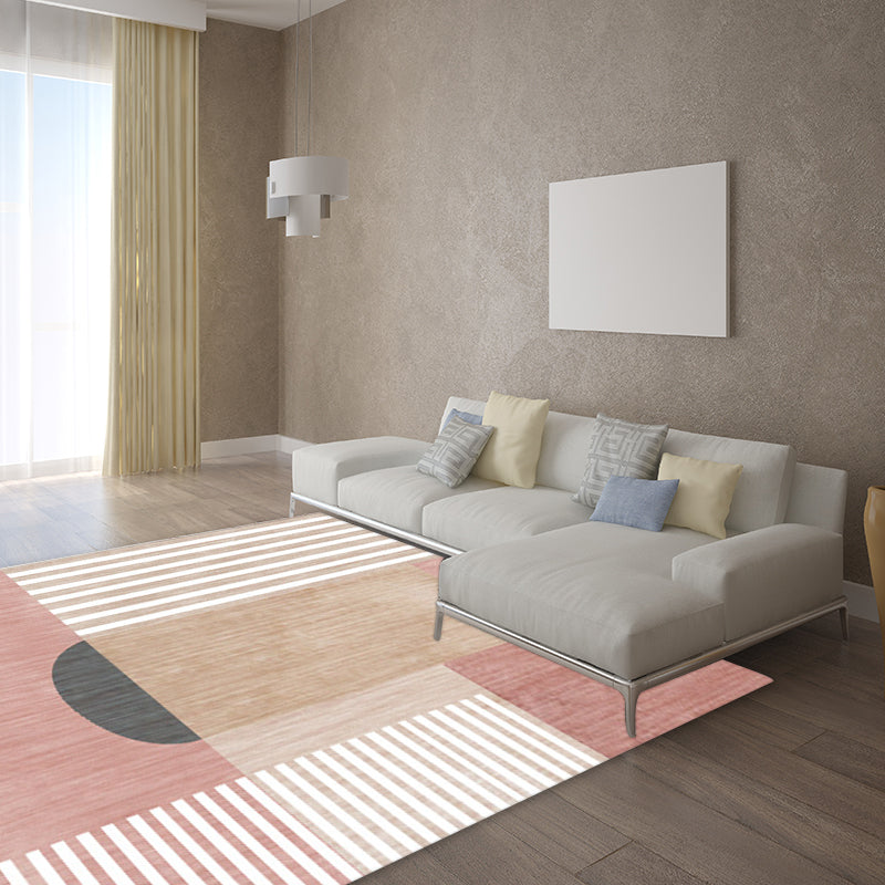 Pink and White Modern Rug Polyester Geometric Striped Color Block Rug Washable Soft Rectangular Rug for the Living Room