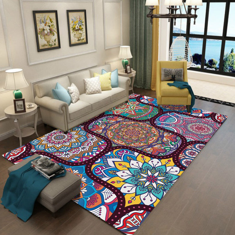 Colorful Bedroom Moroccan Flower Dots Pattern Rug Polyester Machine Washable Non-Slip Back Rug