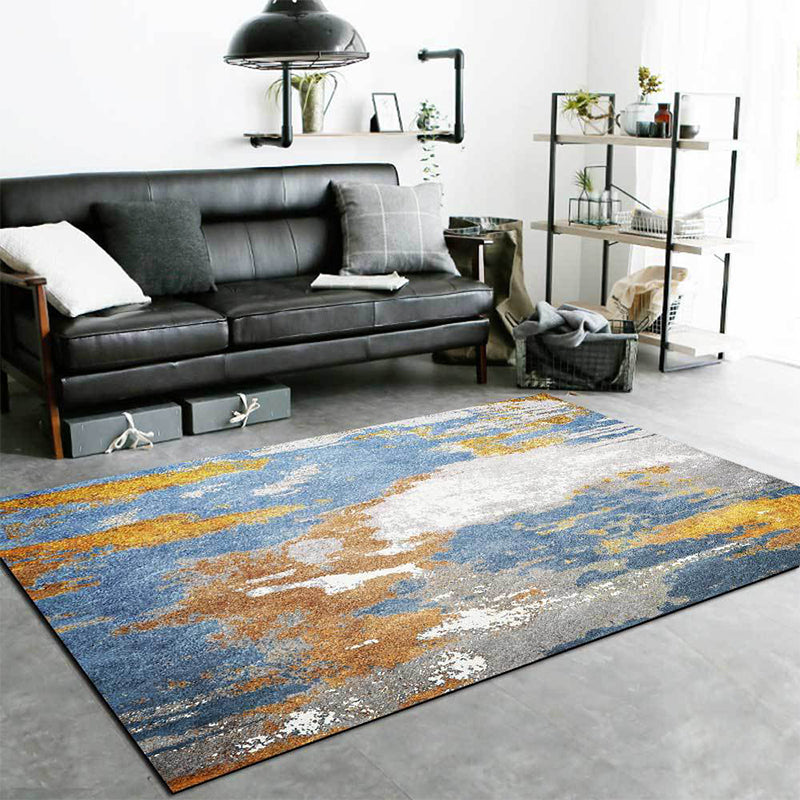 Blue Bedroom Rug Modern Abstract Ink Painting Pattern Rug Polyester Washable Rug