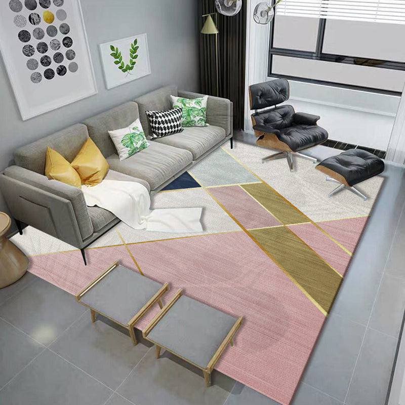 Pink and White Simple Rug Polyester Color Block Geometric Rug Washable Non-Slip Underlay Rectangular Rug for Bedroom