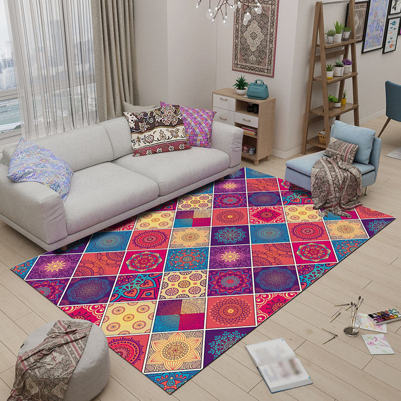Mediterranean-Moroccan diamond pattern multicolored floral square rug made of polyester non-slip mat for the living room