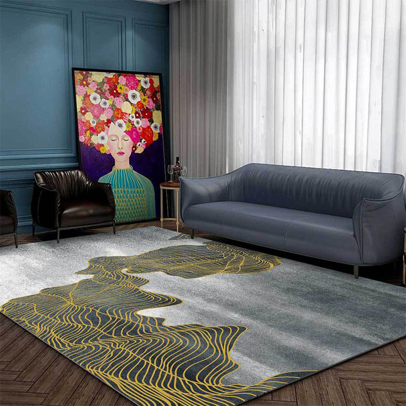 Modern living room rug in gray abstract color block wave pattern rug polyester washable rug for the area
