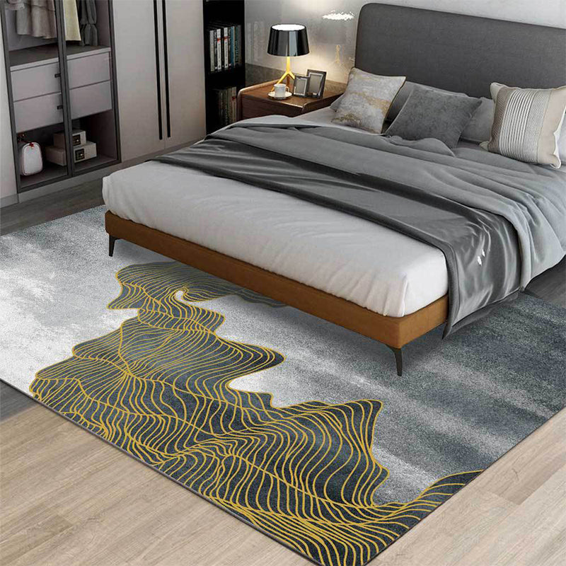 Modern living room rug in gray abstract color block wave pattern rug polyester washable rug for the area