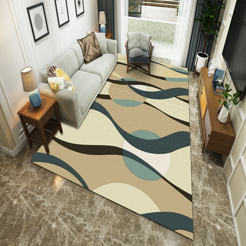 Brown and Green Simple Rug Polyester Striped Abstract Color Block Rug Washable Non-Slip Backing Rectangular Rug for the Living Room