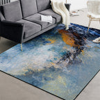 Contemporary modern rug in blue abstract painting print, polyester rug, washable, for home decoration