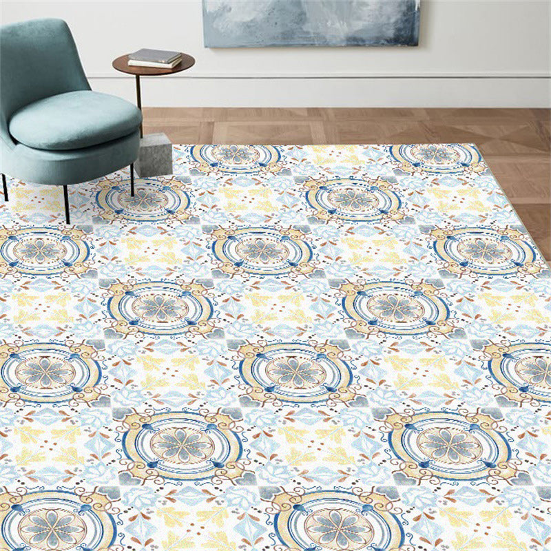 Moroccan living room rug in blue and yellow floral circle print carpet polyester non-slip rug