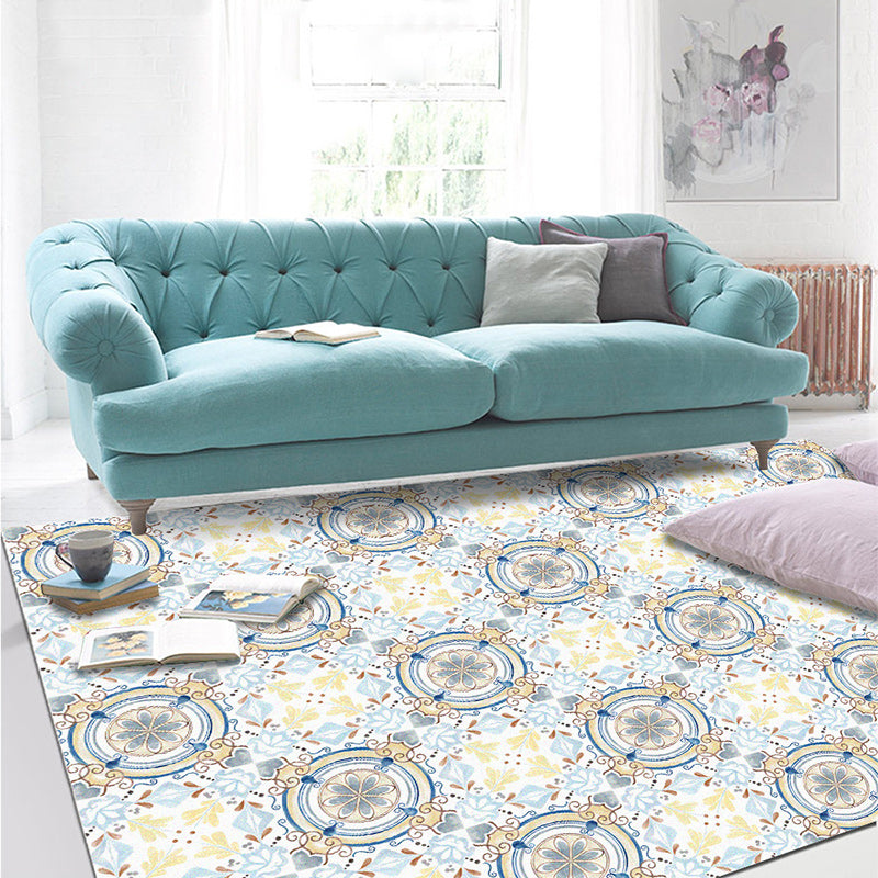 Moroccan living room rug in blue and yellow floral circle print carpet polyester non-slip rug
