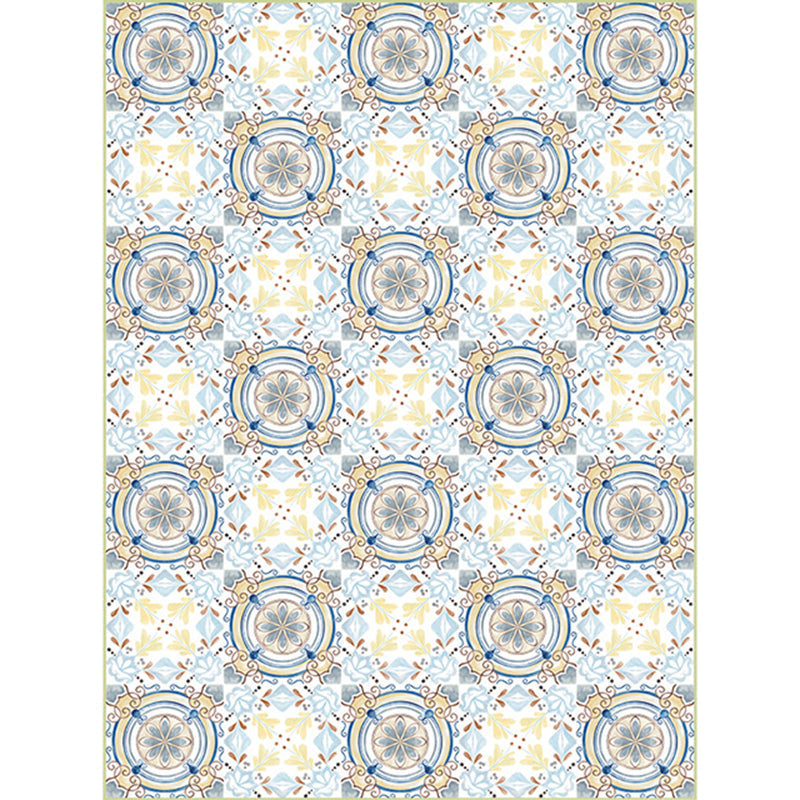 Moroccan living room rug in blue and yellow floral circle print carpet polyester non-slip rug