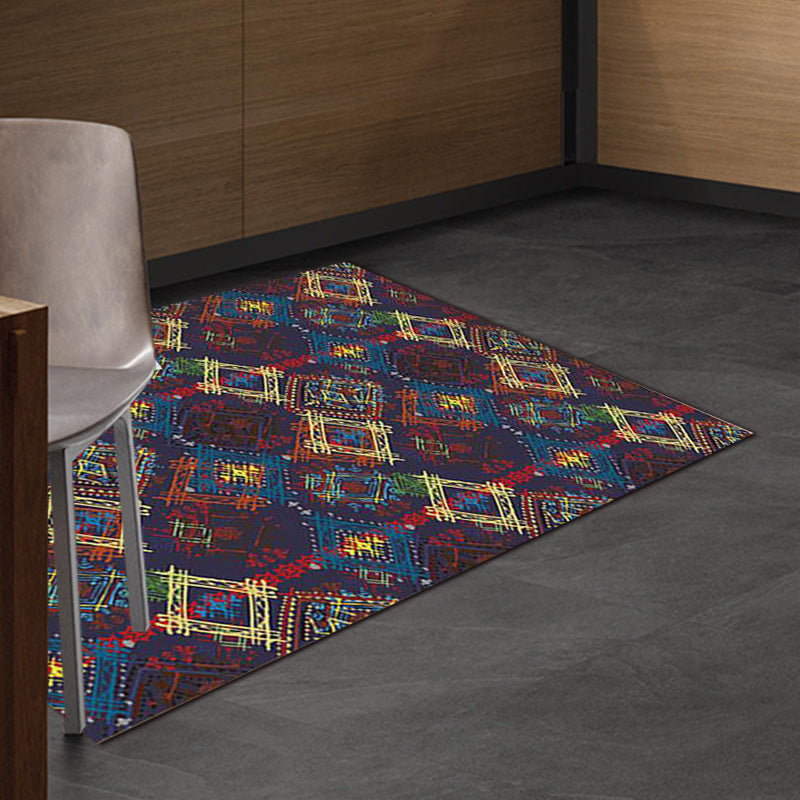Moroccan square line pattern rug in blue polyester rug machine washable non-slip backing rug for living room