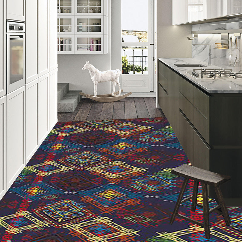Moroccan square line pattern rug in blue polyester rug machine washable non-slip backing rug for living room