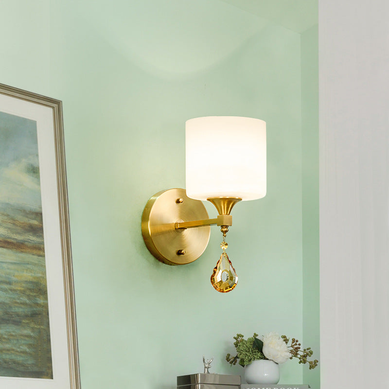 Nordic Style Cylinder Wall Lamp Frosted Glass 1/2-Light Wall Light with Amber Crystal Drops in Brass