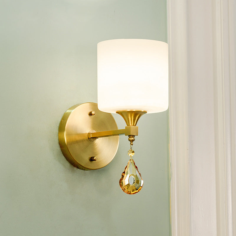 Nordic Style Cylinder Wall Lamp Frosted Glass 1/2-Light Wall Light with Amber Crystal Drops in Brass