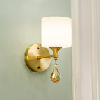 Nordic Style Cylinder Wall Lamp Frosted Glass 1/2-Light Wall Light with Amber Crystal Drops in Brass