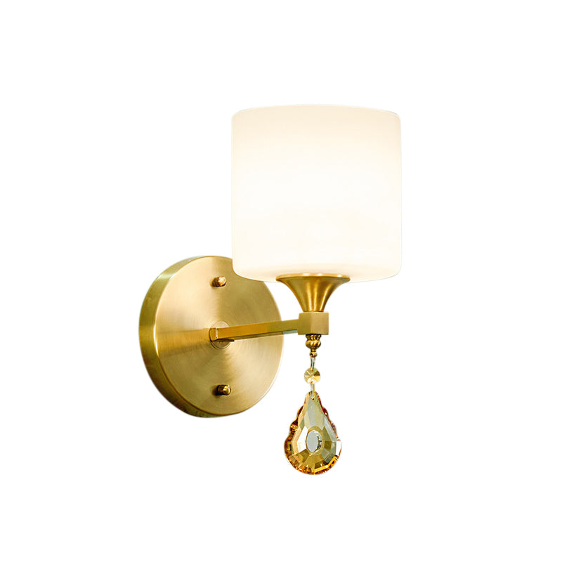 Nordic Style Cylinder Wall Lamp Frosted Glass 1/2-Light Wall Light with Amber Crystal Drops in Brass