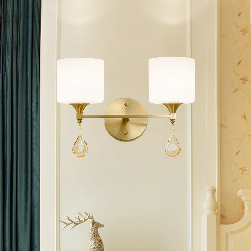 Nordic Style Cylinder Wall Lamp Frosted Glass 1/2-Light Wall Light with Amber Crystal Drops in Brass